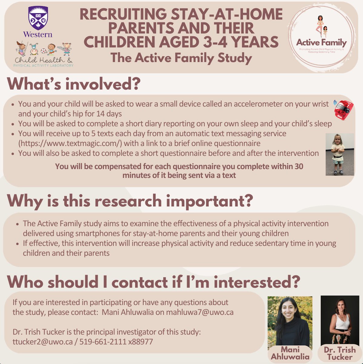 🚨🔊NOW RECRUITING The Child Health and Physical Activity Lab is now recruiting stay-at-home parents and their children aged 3-4 years for The Active Family Study! 🤸 Please contact Mani Ahluwalia at mahluwa7@uwo.ca or Dr. Trish Tucker at ttucker2@uwo.ca if you are interested