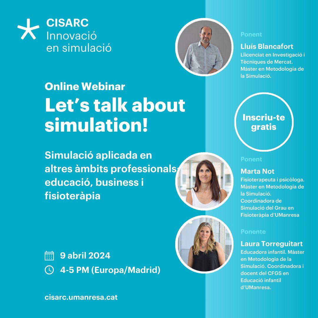 UManresa's tweet photo. SIMULACIÓ | Let's talk about simulation
Simulació aplicada a altres àmbits professionals: educació, business i fisioteràpia
🗓️ 9 d'abril
⌚️ 16 h
https://t.co/gpAkluQYqi
#CISARC #simulacio
@umanresafc
@campsAida1
@anna_cuxiflu https://t.co/W7aYlns3ZK