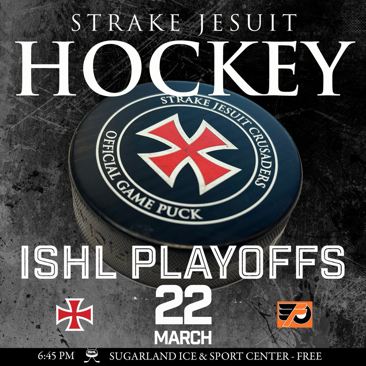 ISHL Playoffs begin tonight. The Crusaders take on Pearland Friendswood at 6:45 at Sugar Land Ice. Admission is free! #AMDG #WeAreSJ #MenForOthers #playoffs #houstonhockey #highschoolhockey