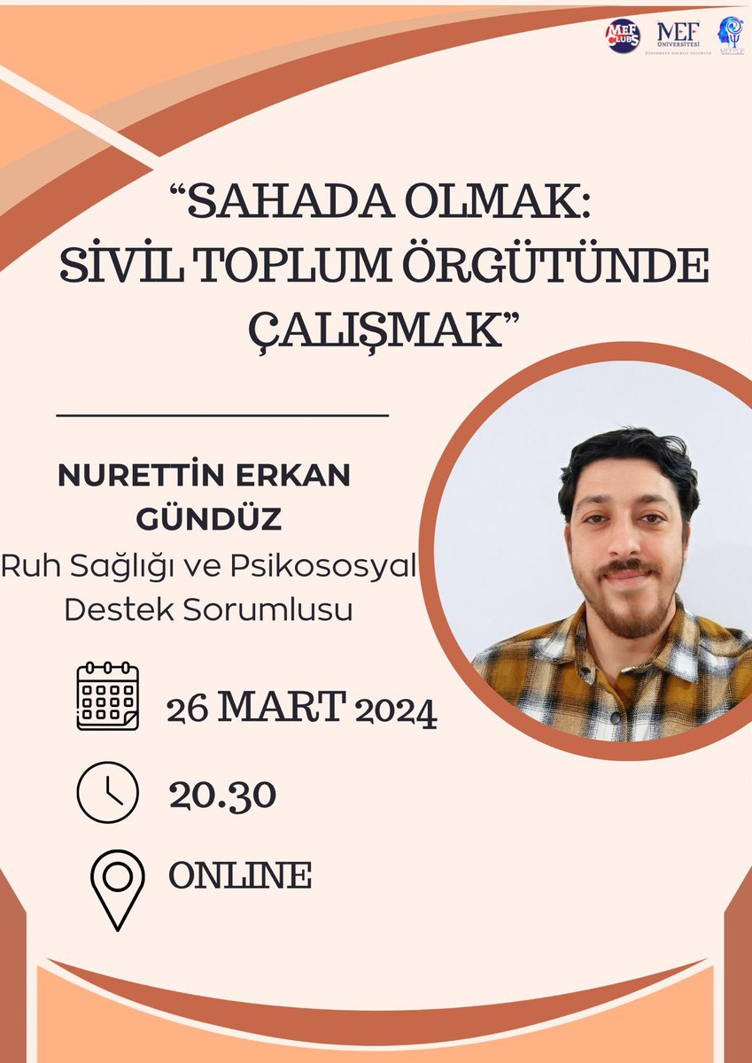 Herkese merhaba! Bu etkinlikte Nurettin Erkan Gündüz bizlere eşlik edecek. Hep birlikte Ruh Sağlığı ve Psikososyal Destek Sorumlusu neler yapar, görevleri nelerdir ve daha fazlasını öğreneceğiz. 🙌