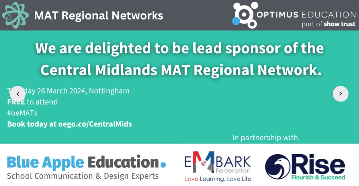 Are you a MAT leader? Join the Central Midlands MAT Regional Network. 🚀 Chaired by @embarkfed, keynote from @Rise_MAT, brought to you by @OptimusEd, sponsored by us! Network & share ideas, join us: my.optimus-education.com/conferences/re……… #UnearthTheRemarkable #Networking #MultiAcademyTrusts