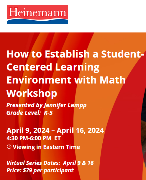 Join me for this event with Heinemann Professional Learning: How to Establish a Student-Centered Learning Environment with Math Workshop. Take a look! cvent.me/D8YOG2?sms=2