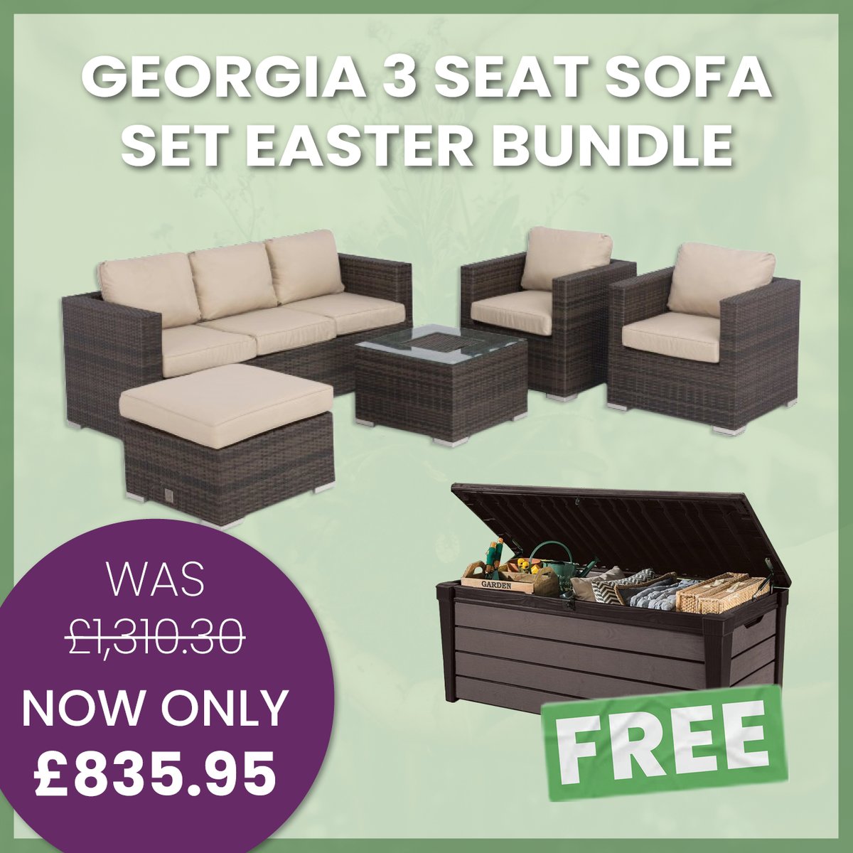 Georgia 3 Seat Sofa Set Easter Bundle 🐰

1x Georgia 3 Seat Sofa Set with Ice Bucket
1x FREE Keter Brushwood 570L Storage Box

❌ WAS: £1,310.30
✅ NOW: £835.95

Add This Deal to Your Basket 🛒
zurl.co/kG9R

#garden #home #outdoorliving #gardenfurniture  #gardenstorage