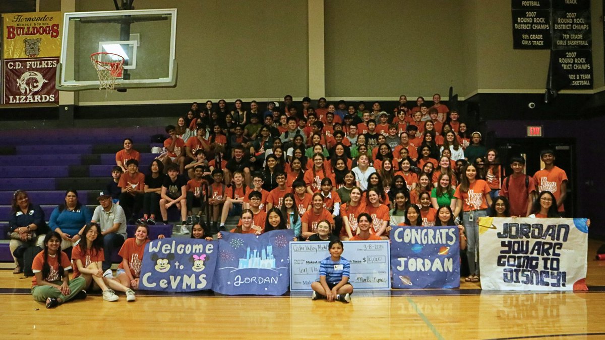RoundRockISD's tweet photo. HEARTWARMING 💗: 11-year-old Jordan, a Make-A-Wish America recipient, will be able to visit Disney World this summer thanks to a big donation from Cedar Valley Middle School's NJHS. 🎢🫶 Read more about the donation at: https://t.co/4GFQxErbG9 https://t.co/9SV9ze1tW3