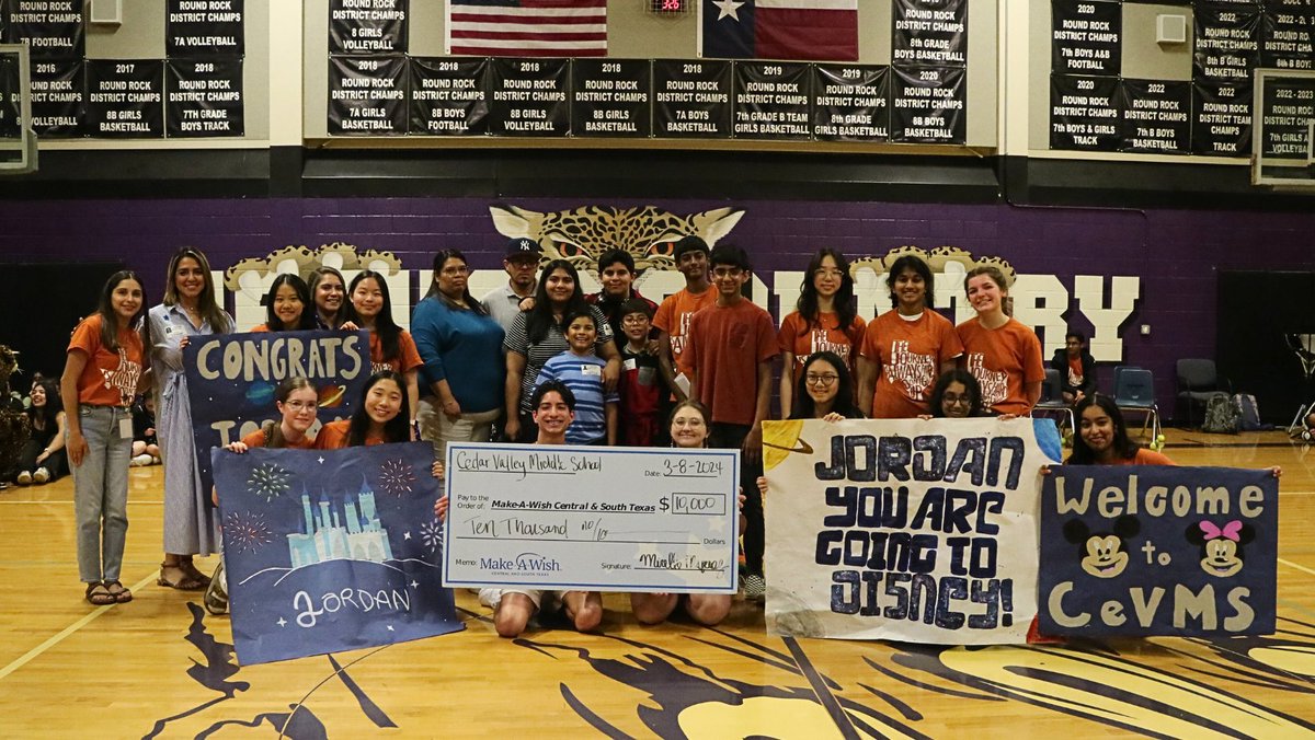 RoundRockISD's tweet photo. HEARTWARMING 💗: 11-year-old Jordan, a Make-A-Wish America recipient, will be able to visit Disney World this summer thanks to a big donation from Cedar Valley Middle School's NJHS. 🎢🫶 Read more about the donation at: https://t.co/4GFQxErbG9 https://t.co/9SV9ze1tW3