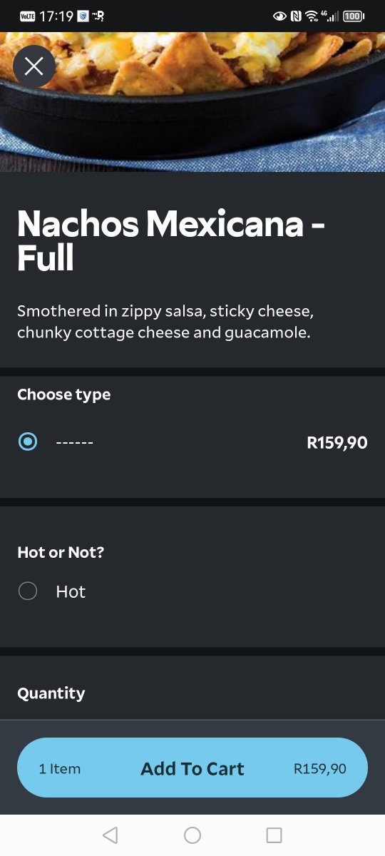waza616's tweet photo. @MrD_SouthAfrica Please can you guys find out why when i want to order nachos from Spur, there is no chicken or beef option. Spoke to Spur and they said those options are suppose to be there.

There are other options also missing like Not Hot option. Only has Hot. https://t.co/EjqxqZEN1L