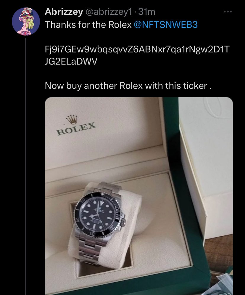 NFTSNWEB3's tweet photo. I’m buying this $Rolex dip 😤😤

Who wants 1M $Rolex 

Drop your wallet &amp; repost. https://t.co/lpTnDymyQr