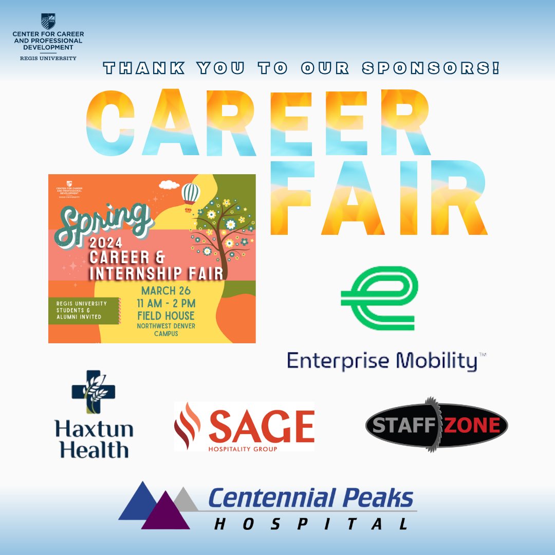RegisCareers's tweet photo. With the 2024 Spring Career &amp; Internship just around the corner (3/26), we’d like to take a moment to thank our generous sponsors for helping us to make it happen!

@Enterprise @HaxtunHealth @MySageJobs @Staff_Zone 

Meet our sponsors along with 60 additional employers attending! https://t.co/M1XCLdy0j9