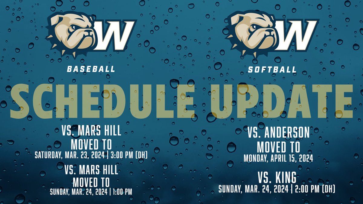 SCHEDULE CHANGES The @WingateBaseball series against Mars Hill will now start with a Saturday doubleheader at 3, wrapping up Sunday at 1 The @WingateSoftball DH against Anderson postponed, moved to April 15 - 'Dogs will host King Sunday at 2 Story | shorturl.at/bruxE