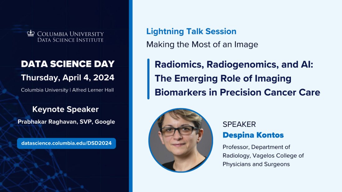 New CUIMC Chief Research Information Officer @DespinaKontos will provide a talk on 'Radiomics, Radiogenomics, and AI: The Emerging Role of Imaging Biomarkers in Precision Cancer Care' during Data Science Day 2024 next week. Info/Registration Info ⬇️ datascience.columbia.edu/event/data-sci…