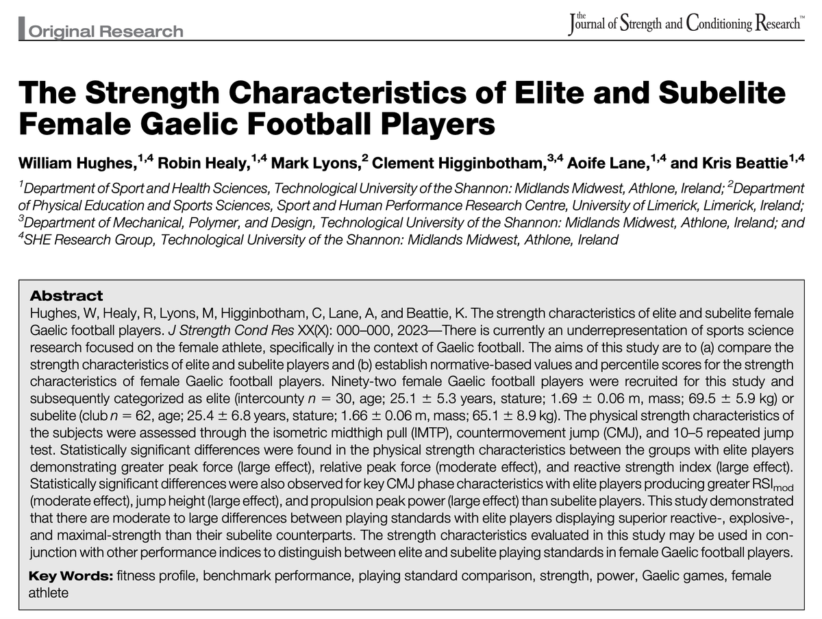 Happy to share the 2nd study from my PhD investigating the strength characteristics of elite and subelite female Gaelic football players. Published in @JSCRonline. 🧵⤵️