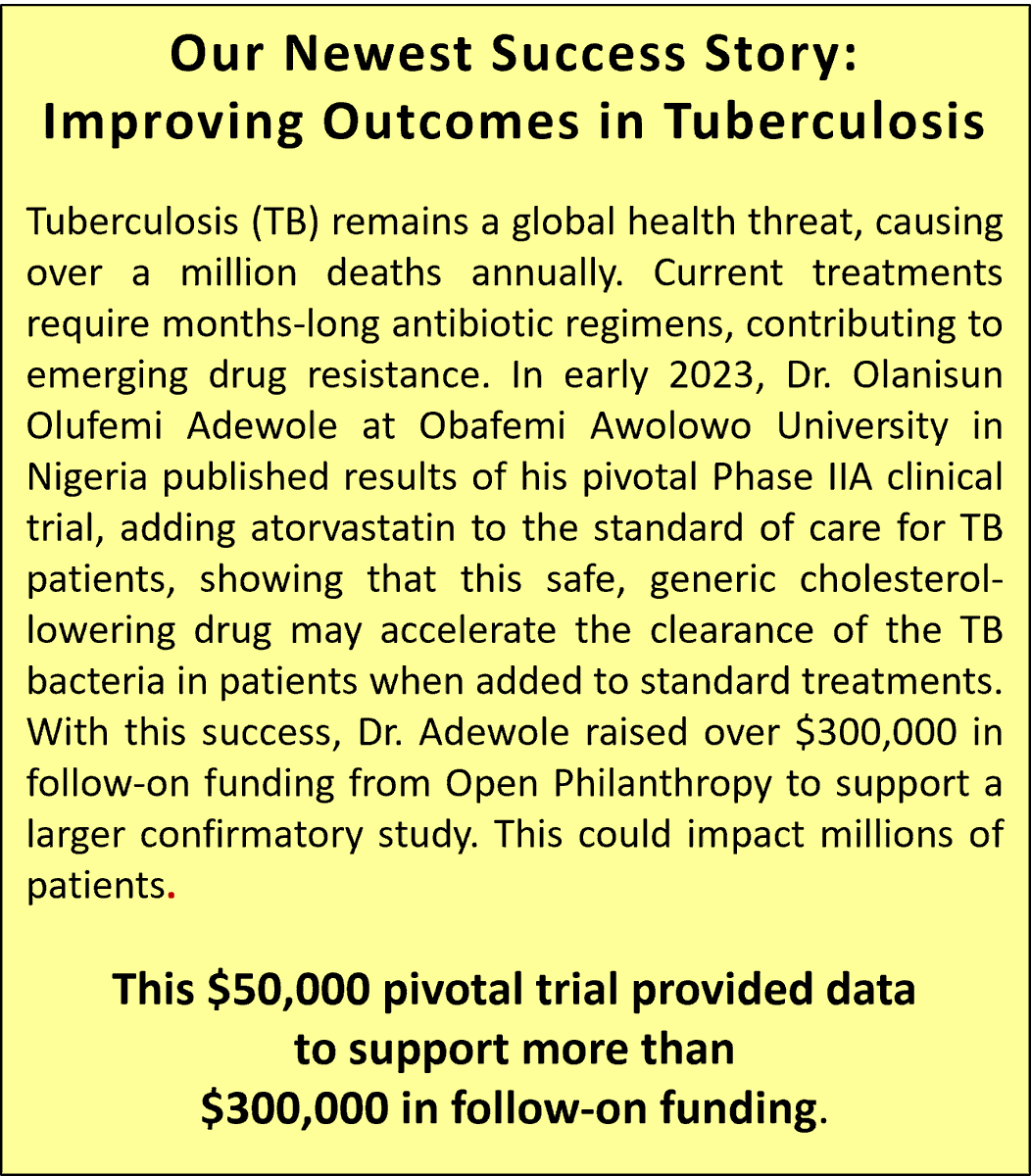 With partners Dr Adewole at @TheOAUniversity and @open_phil we are working to improve outcomes in #TB patients by #repurposing atorvastatin. #WorldTuberculosisDay on March 24. Learn more: bit.ly/3vsLAkC.