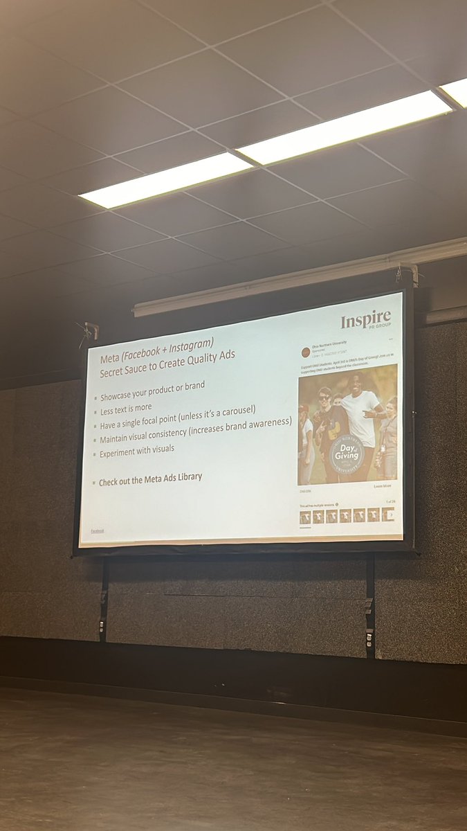 MaddyTodorovich's tweet photo. Winters-Rowe incorporates ONU into her presentation!!! The tips on creating quality ads, on the left of the slide, are easy things to implement that will help drive more people to your page and posts! #ONUSMWorkshop24 https://t.co/id6ReJrFI8