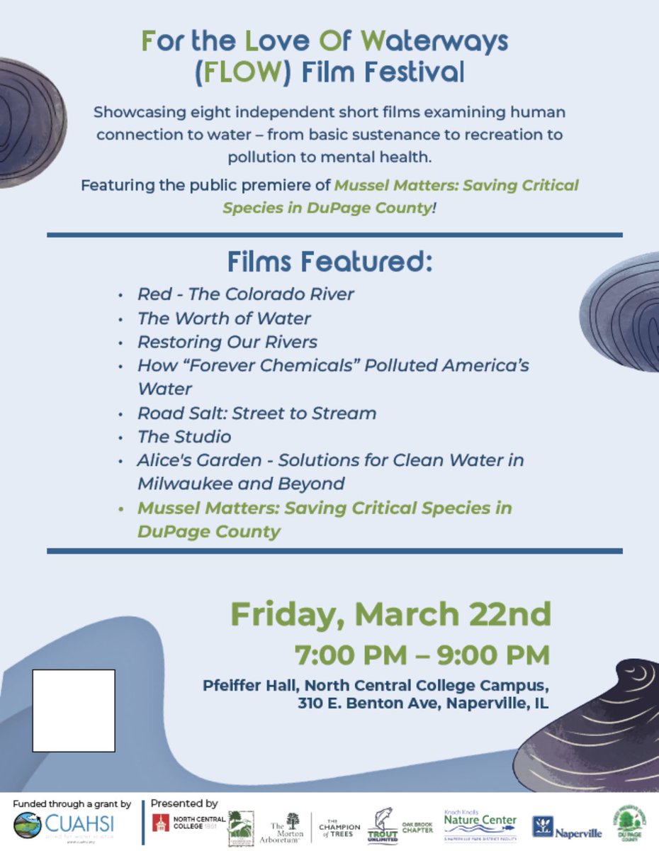 See you tonight at the public premiere of “Mussel Matters: Saving Critical Species in DuPage County.” Details below.