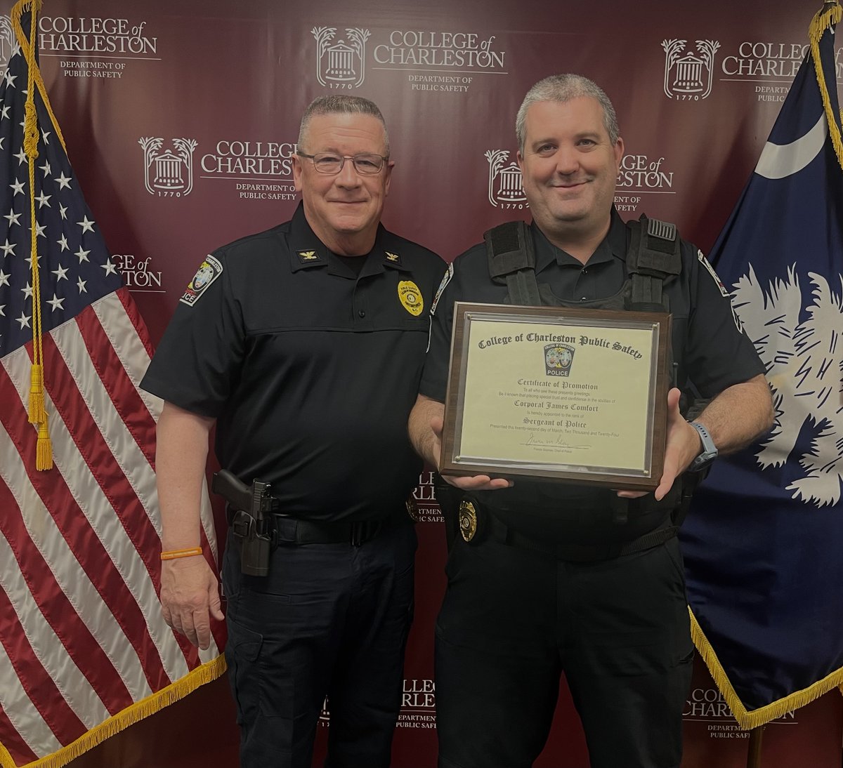 CofC_DPS's tweet photo. On 3/22/24, SGT. J. Comfort was promoted to the rank of sergeant. He was surrounded by his family, friends, and colleagues during the ceremony. https://t.co/Acd9yG3pW9