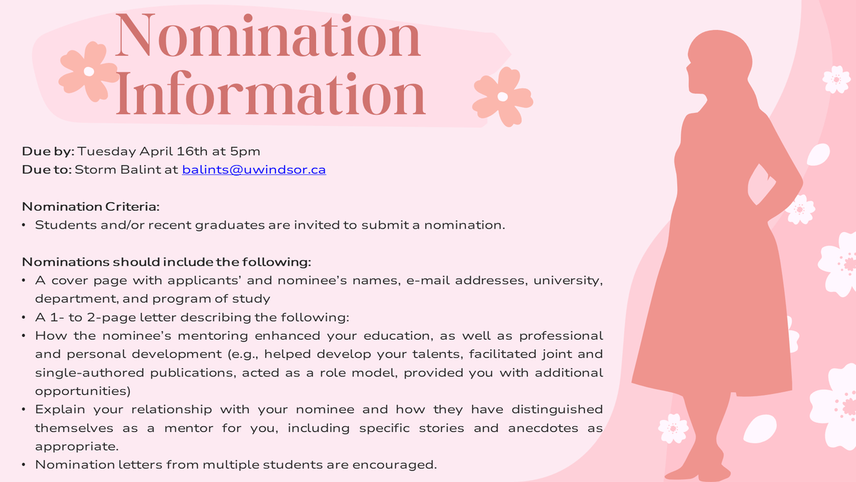 CPA_SWAP's tweet photo. Has a feminist mentor made a difference in your career? The call for nominations for the 2024 @CPA_SWAP 
Feminist Mentoring Award is now out! 
Nominations should be sent via email to Storm Balint (balints@uwindsor.ca) by April 16, 2024 - 5 PM https://t.co/0w7Hc2i9eT