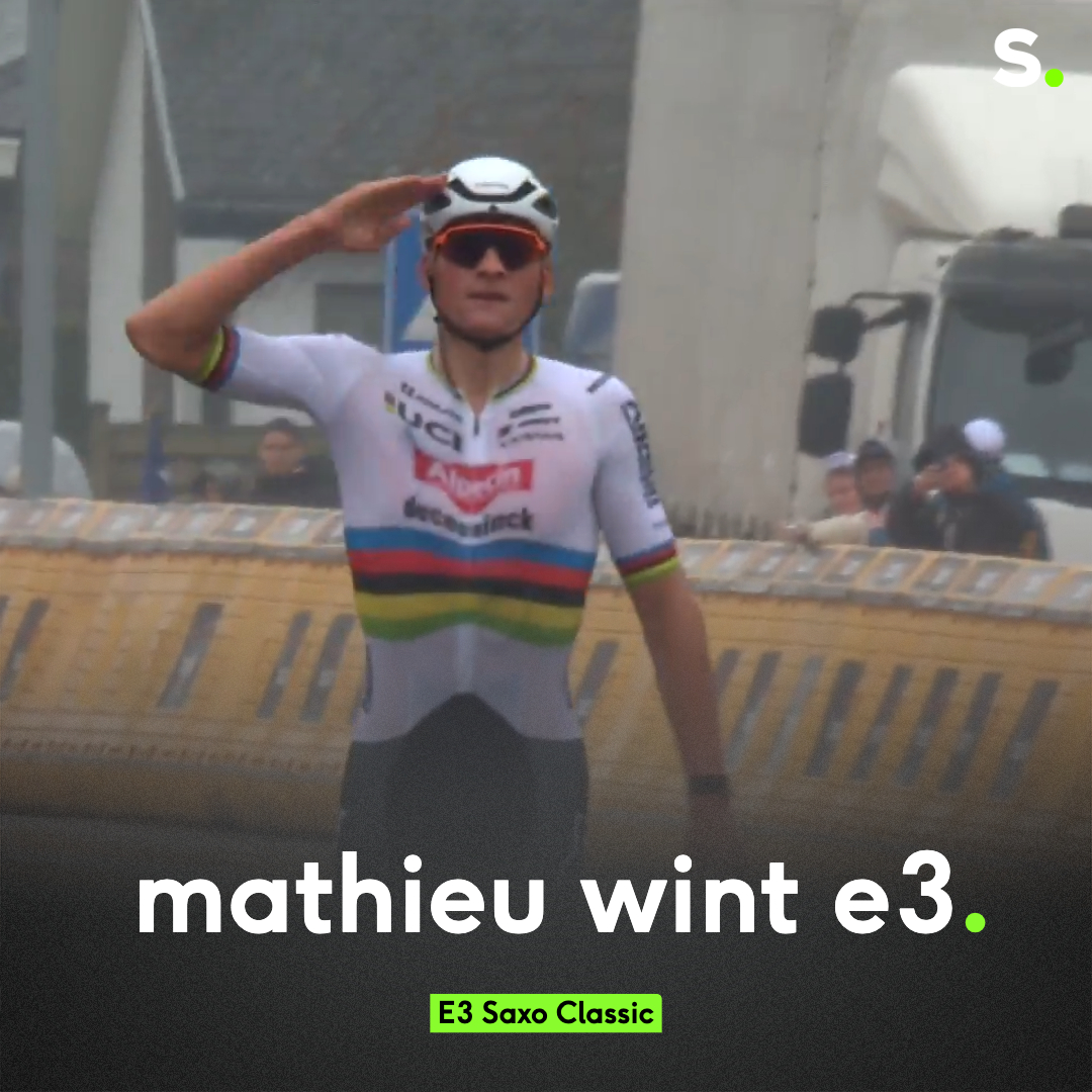Sporza 🚴 (@sporza_koers) on Twitter photo Mathieu van der Poel komt solo aan in Harelbeke (met 2 minuten voorsprong) en vinkt ook de E3 af op zijn erelijst! Jasper Stuyven (2e) en Wout van Aert (3e) staan mee op het podium.
 #E3SaxoClassic
Bekijk de beelden: sporza.be/nl/matches/wie… Mathieu van der Poel komt solo aan in Harelbeke (met 2 minuten voorsprong) en vinkt ook de E3 af op zijn erelijst! Jasper Stuyven (2e) en Wout van Aert (3e) staan mee op het podium.
 #E3SaxoClassic
Bekijk de beelden: sporza.be/nl/matches/wie…