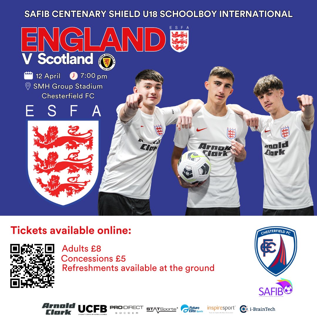 💥England U18 Schoolboys💥

England v <a href="/sschoolsfa/">Scottish Schools' Football Association</a> SAFIB #CentenaryShield fixture to be held at @chesterfieldfc ⚽🏴󠁧󠁢󠁥󠁮󠁧󠁿

The highly anticipated fixture will take place on Friday 12th April and will kick off at 7pm

Buy your tickets now 👇
🔗 tickets.chesterfield-fc.co.uk/en-gb/categori…
🔴🔵⚪