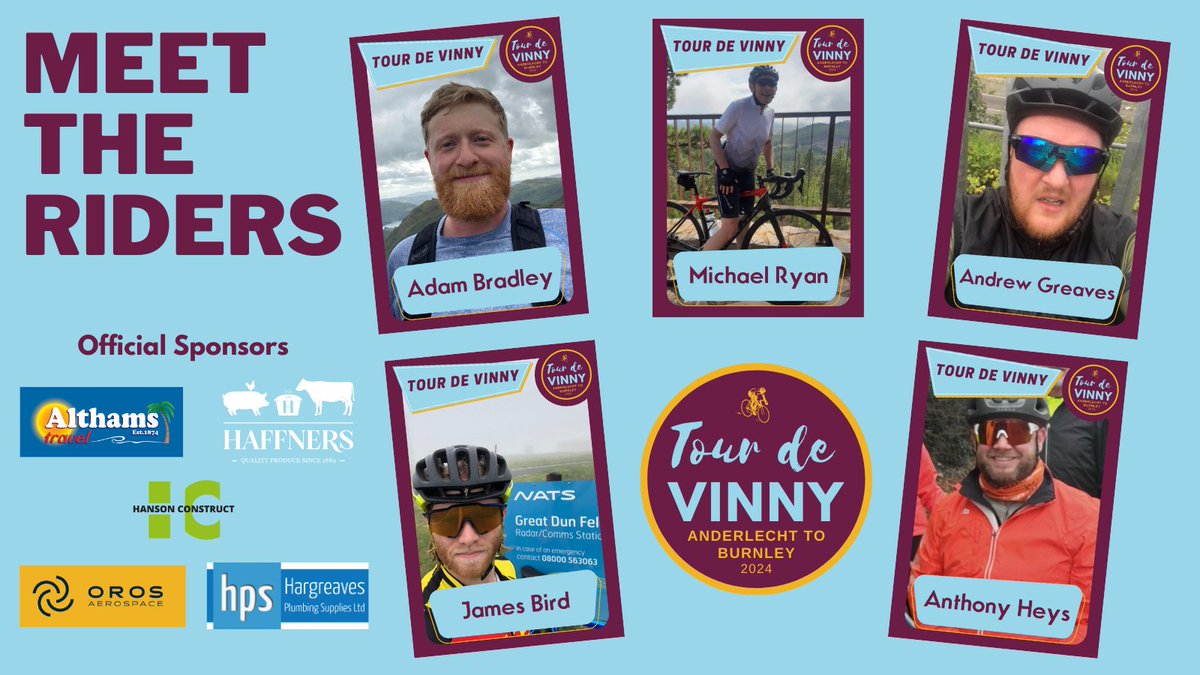 RIDERS | Here is the @TourDeVinny peloton that will be riding out from Brussels on April 29th in the direction of @BurnleyOfficial to raise money for @andysmanclubuk @BKPCAppeal @BXBrussels 👍All donations welcome: gofundme.com/f/tour-de-vinny 🤝#twitterclarets