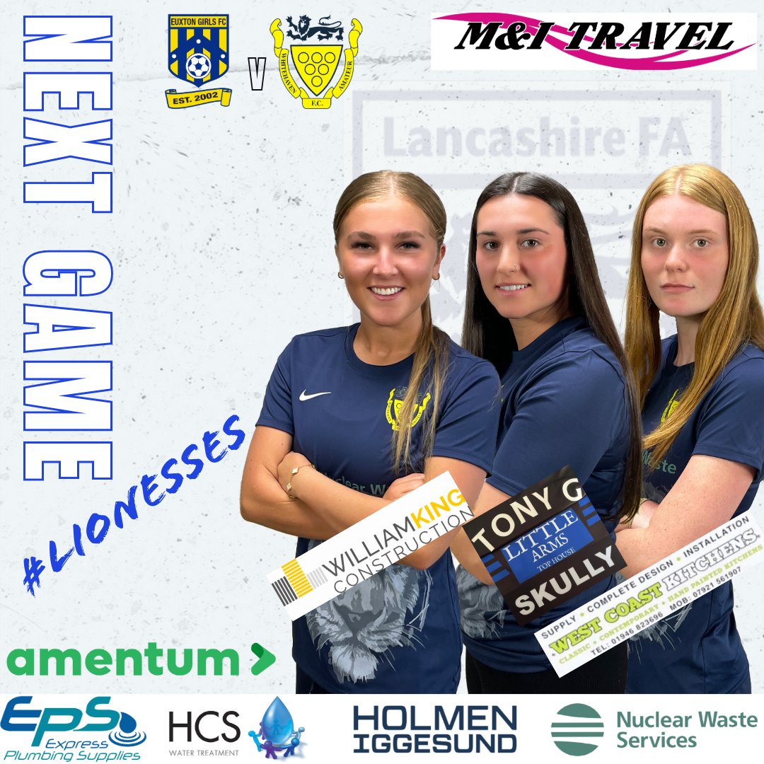 whitehavenafc's tweet photo. On Sunday our Ladies travel to @EuxtonGirlsFC for a @LancashireFA North West Championship game.
@Nuclear_WS / @amentum_corp / @HCSWaterHygiene / @ExpressPlumbSup / @kitlocker / @MITravelLtd1 / @NLCumbria / #WilliamKing / #Lionesses https://t.co/dWhDcJXd3G