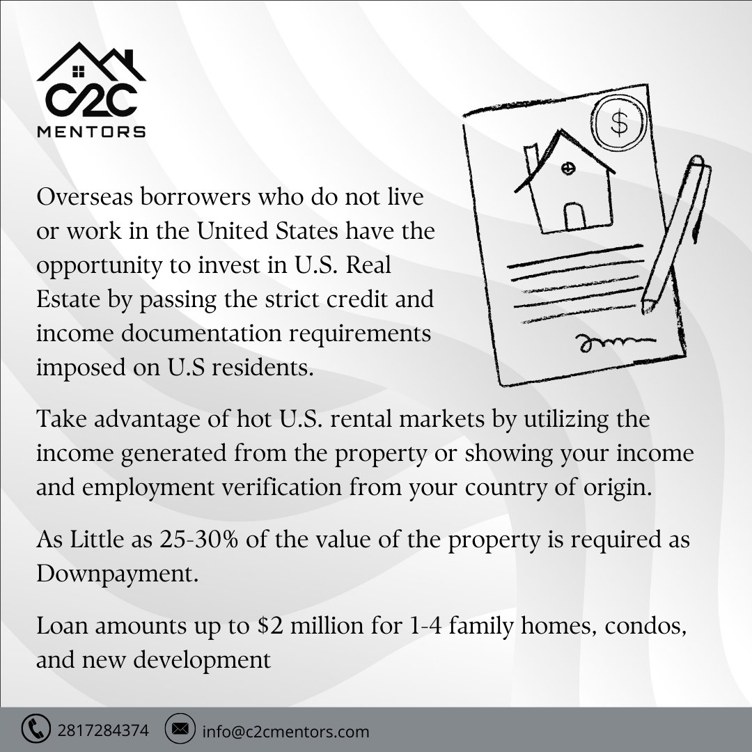 Most people who work and live out of the United States do not know they can invest in properties here using their overseas income and their businesses. 

#buyhomes #unitedstates  #foreignnational #noUScredit #overseasJob #USrentalmarket #cashflow