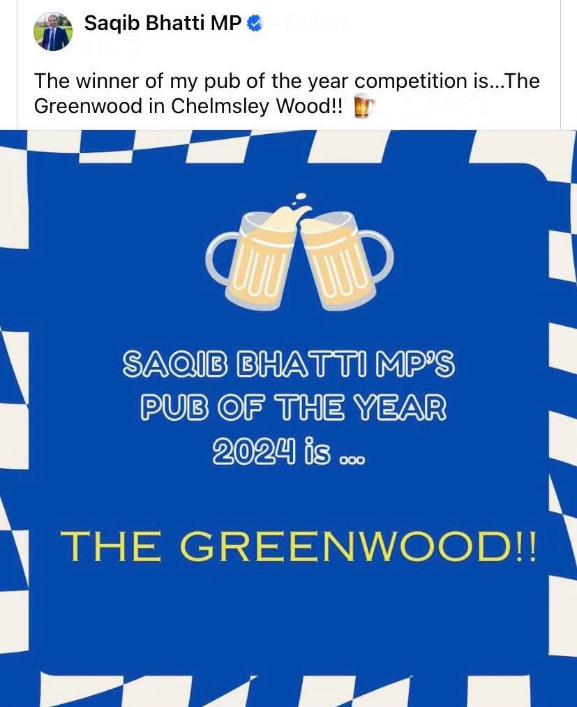 The Greenwood in #ChelmsleyWood is the winner of local MP Saqib Bhatti’s “Pub of the Year’ competition. facebook.com/10006370428441…