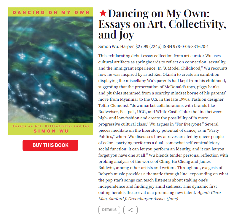 ezra_kupor's tweet photo. a PW starred review for @wuhoo774 !!!

🌟"This exhilarating debut essay collection. . .uses cultural artifacts as springboards to reflect on connection, sexuality, and the immigrant experience. . . . This dynamic first outing heralds the arrival of a promising new talent.”🌟 https://t.co/gqqd6L231g