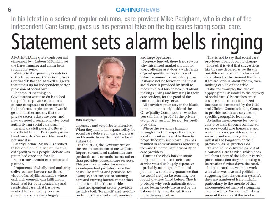 Time to put the for-profit versus not-for-profit argument to bed and concentrate on a united effort to get greater funding and reform for a better, mixed market approach to #socialcare delivery, @IndCareGroup Chair @Mike_Padgham argues in his latest column in @CaringUK.