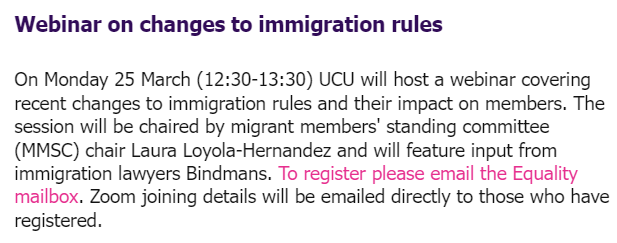 Fellow @ucu migrants an important announcement! UCU Migrant Members Standing Committee is hosting a webinar with immigration lawyers Bindmans to discuss the recent changes to immigration rules. 📅25 March ⏲️12:30-1:30 📝to register email the equality team eqadmin@ucu.org.uk