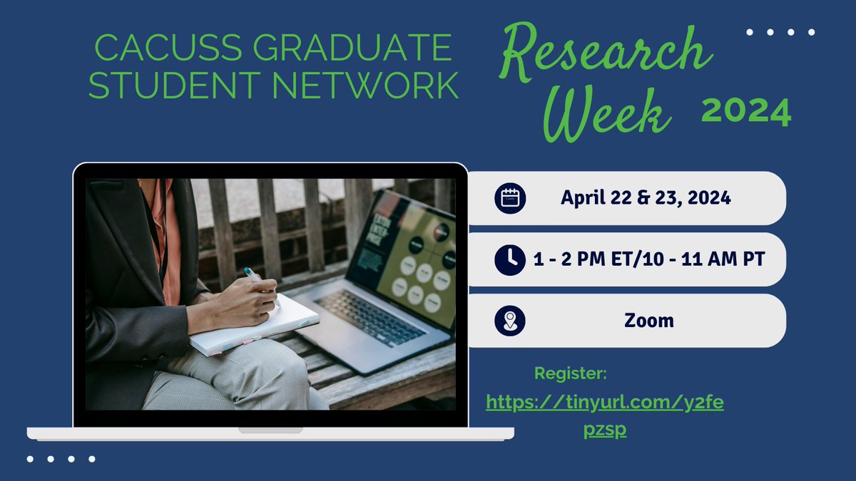 We are excited to announce the annual <a href="/cacuss_gsn/">CACUSS_GSN</a> research week, happening on April 22 &amp; 23! Grad students &amp; recent grads! Take advantage of this opportunity to share your research with the <a href="/cacusstweets/">CACUSS/ASEUCC</a> community! Submit your proposal by April 7th tinyurl.com/y2fepzsp