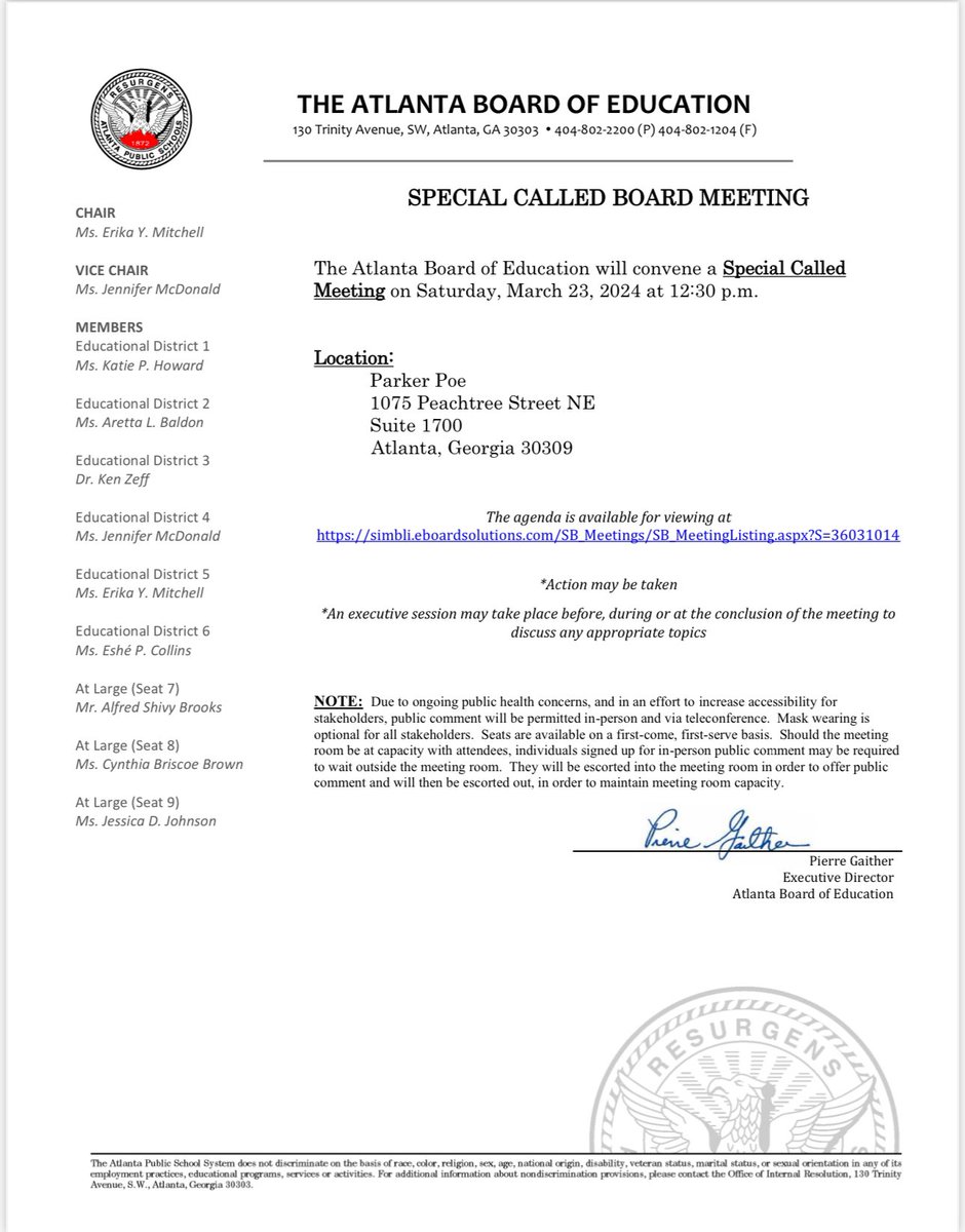 Special Called Board Meeting| Saturday, March 23, 2024| Parker Poe (1075 Peachtree Street NE, Suite 1700, Atlanta, Georgia 30309)| 12:30 PM