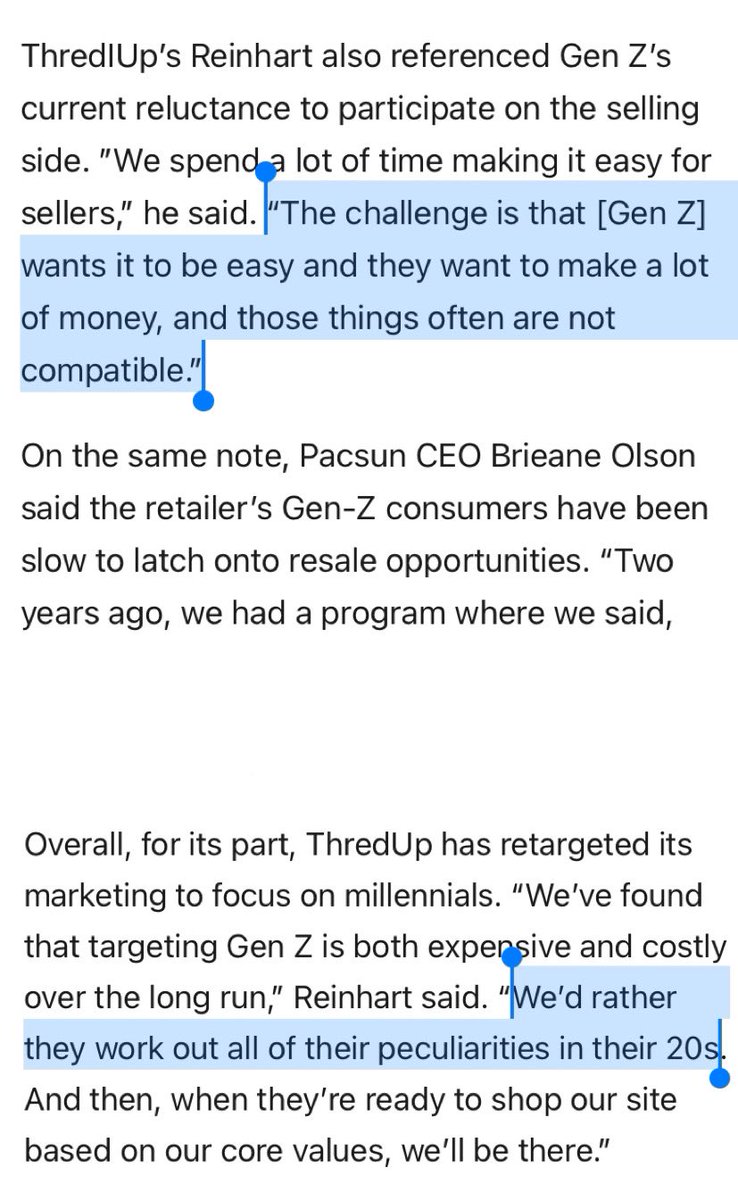 ThredUP CEO at @shoptalk explains why they’re targeting Millennials not Gen Z 

Gen Z “want [resale] to be easy…and to make a lot of money” which aren’t “compatible”

Instead, @ThredUp will wait until Gen Z “work out all of their peculiarities in their 20s”

Here’s why…