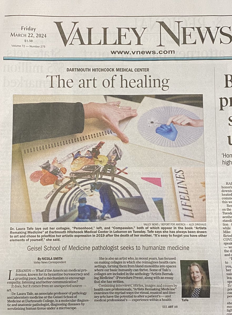 It’s not every day you make the front page of your local newspaper by talking about your art! Thank you again to @EmilyFPeters for the opportunity to be part of Artists Remaking Medicine and to all who contributed to this beautiful book of hope. vnews.com/Doctor-hopes-c…