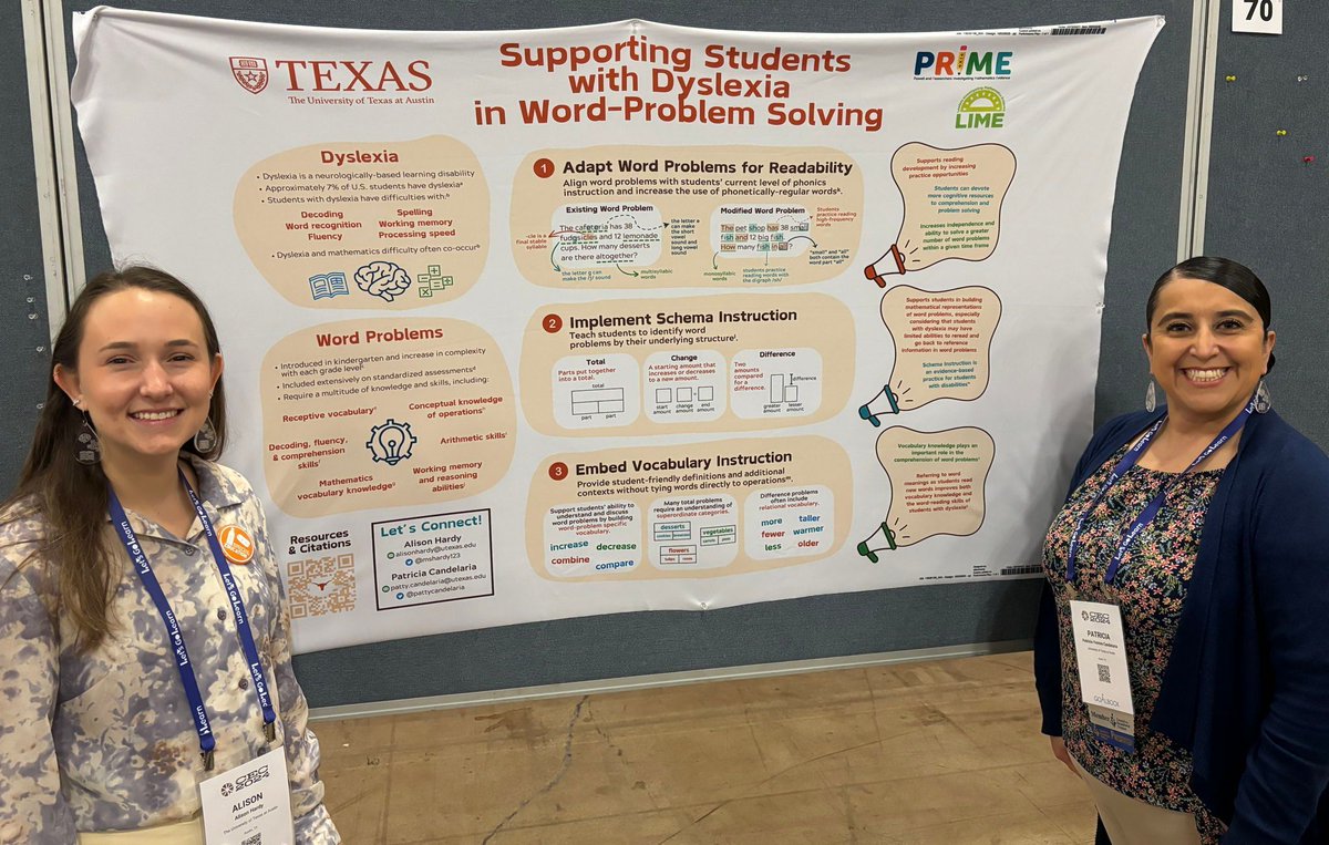 At #CEC2024, Alison Hardy and Patty Candelaria shared suggestions for supporting students with dyslexia. Ideas included adapting word problems for readability, focusing on schemas, and embedding vocabulary instruction. @limephd @utexascoe