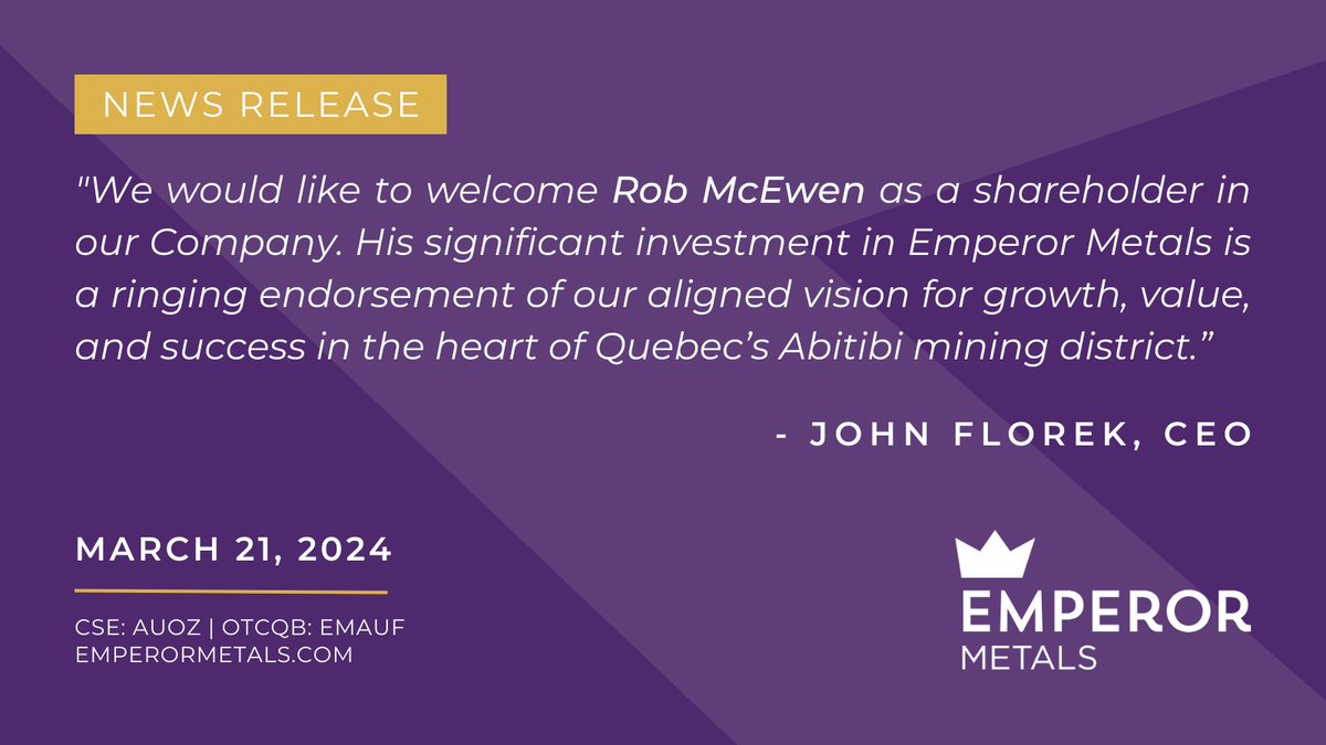 EmperorMetals's tweet photo. NEWS: Emperor Announces Private Placement and Strategic Investor

Read the full release: https://t.co/1OuGTe4bP2

$AUOZ $EMAUF #gold #copper https://t.co/QolxOBocaX