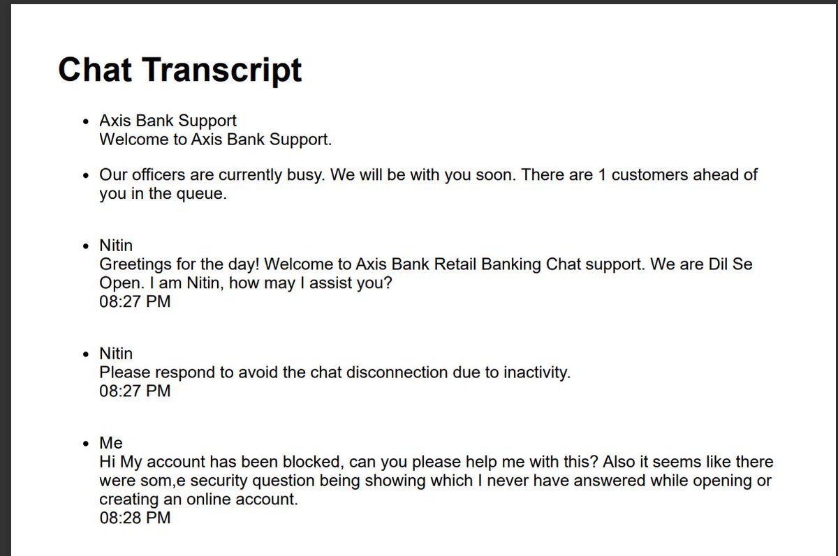 tapesh2's tweet photo. 2/2 please see few chats attached below. Either its a glitch from server that interaction is delayed, or some technical fault but  experience was terrific, @AxisBank @AxisBankSupport #CustomerService #CustomerExperience #AxisBank https://t.co/ninO7oacga