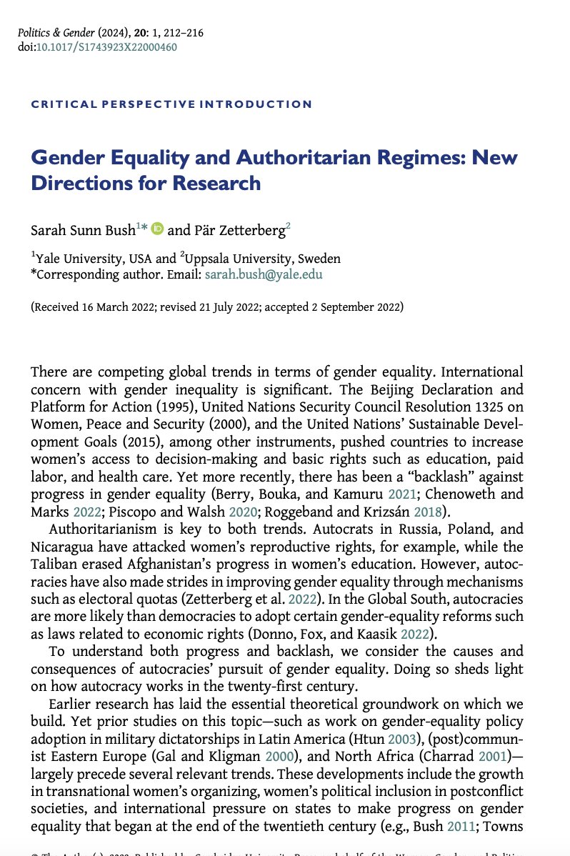 📢New #PAG20 Critical Perspectives <a href="/sarahsunnbush/">Sarah Bush</a> &amp; <a href="/zetterberg_par/">Pär Zetterberg</a> introduce this issue's Critical Perspective on gender equality and authoritarian regimes. The collection looks to understand progress and backlash related to laws advancing gender equality cambridge.org/core/journals/…