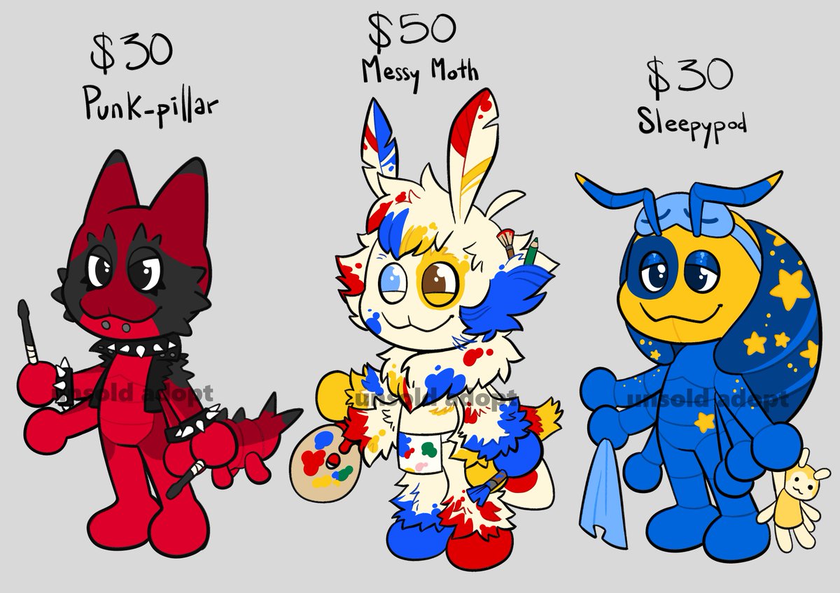 bucketart's tweet photo. some bug adopts!! 
Punk-pillar and sleepypod are $30 each while messy moth is $50 (cause i ended up really liking the design :3c )✨
payment is taken through paypal! 
comment or dm me to claim!! https://t.co/hhD1lC4Amd