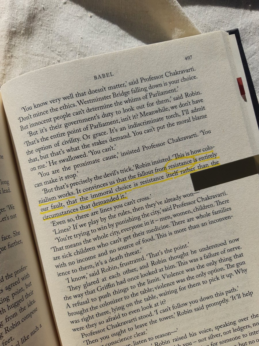 readbyuna's tweet photo. sharing this quote again:

“this is how colonialism works. it convinces us that the fallout from resistance is entirely our fault, that the immoral choice is resistance itself rather than the circumstances that demanded it.”

– babel by rf kuang https://t.co/cOMB61UFiX