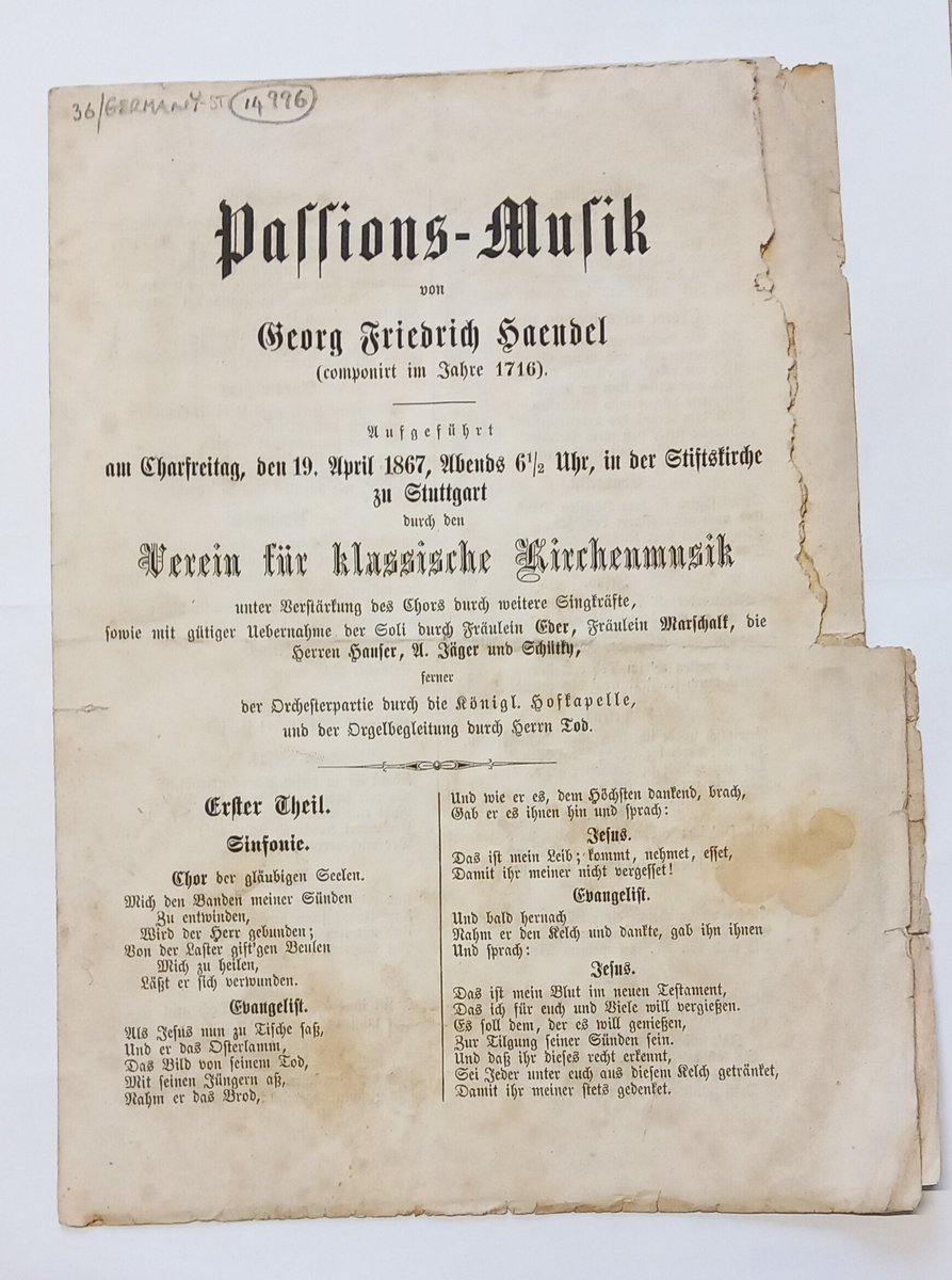 The <a href="/EnglishConcert/">The English Concert</a> performs Handel's Brockes Passion at the London Handel Festival tonight. This 1867 programme from Stuttgart in the #GeraldCokeHandelCollection has a note in English by the original owner 'This was sung splendidly' <a href="/LHandelFestival/">LondonHandelFestival</a> <a href="/FoundlingMuseum/">Foundling Museum</a> <a href="/RISM_music/">RISM</a>