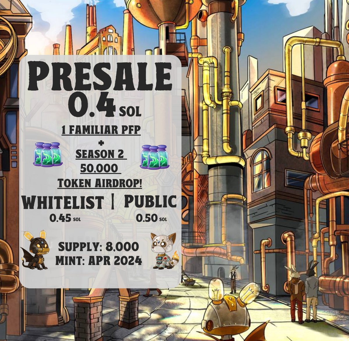 Elementerra_io's tweet image. 💎 Season 2 Familiar Mint Details 💎

1⃣ 100+ NEW Elements to be Invented 🧪
2⃣ Inventor NFTs and SOL to be unlocked 🔓
3⃣ 12 Different Familiar Bodies 🐉 🐻
4⃣ And brand new on-chain Quests! 🔥
5⃣ Sneak peak -&amp;gt; tinyurl.com/ElementerraS2

・Presale 0.4 | 1 Familiar + S2 Token 🪂…