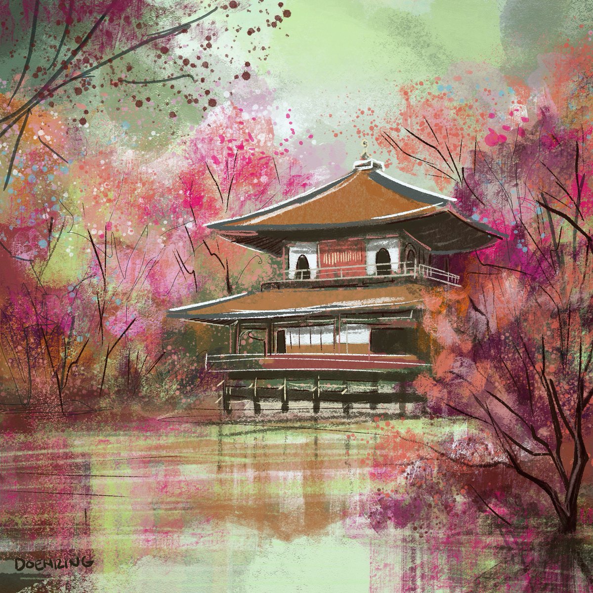 Japan in spring? Don’t mind if I do! #kidlitart #japan #spring #cherryblossoms #picturebooks #nature #landscape #illustration