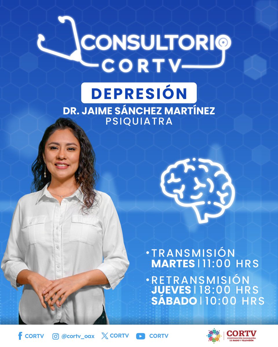 cortv's tweet photo. El Psiquiatra Jaime Sánchez Martínez nos acompañará en #ConsultorioCORTV para 𝗶𝗻𝗳𝗼𝗿𝗺𝗮𝗿𝗻𝗼𝘀 𝘆 𝗼𝗿𝗶𝗲𝗻𝘁𝗮𝗿𝗻𝗼𝘀 sobre un trastorno mental muy común, la #𝗗𝗲𝗽𝗿𝗲𝘀𝗶𝗼́𝗻. 🩺

🗓️ Martes, 𝟮𝟲 𝗱𝗲 𝗺𝗮𝗿𝘇𝗼 a las 𝟭𝟭:𝟬𝟬 𝗵.

#CORTV #Oaxaca #SaludMental https://t.co/qnT2pPE1J4