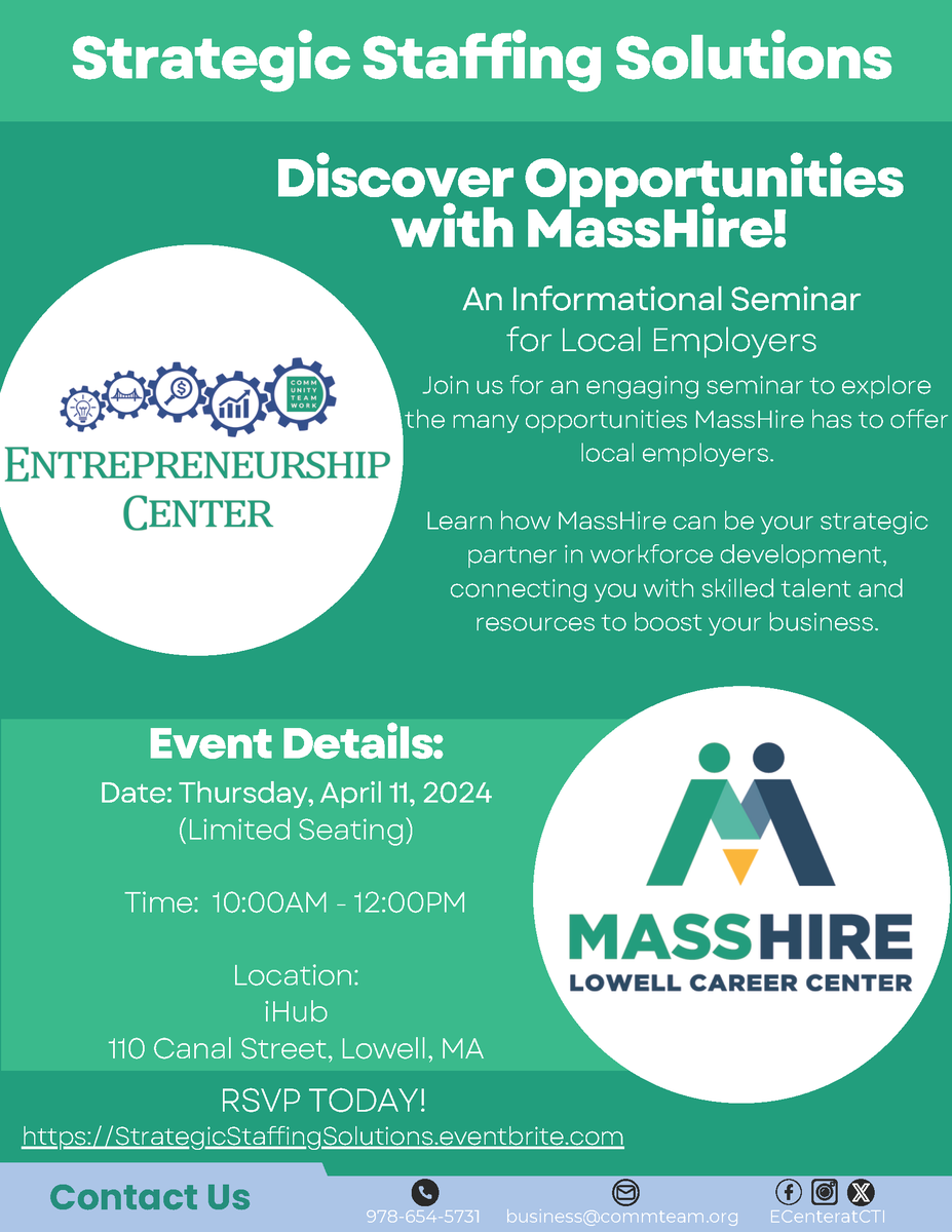 Join @ECenteratCTI and @MassHireLowell for an engaging seminar to explore the many opportunities MassHire has to offer local employees. Date: April 11, 2024 at 10am-12pm 📍110 Canal Street, Lowell, MA @ihub_uml *this event has limited seating* Link to register in bio✨