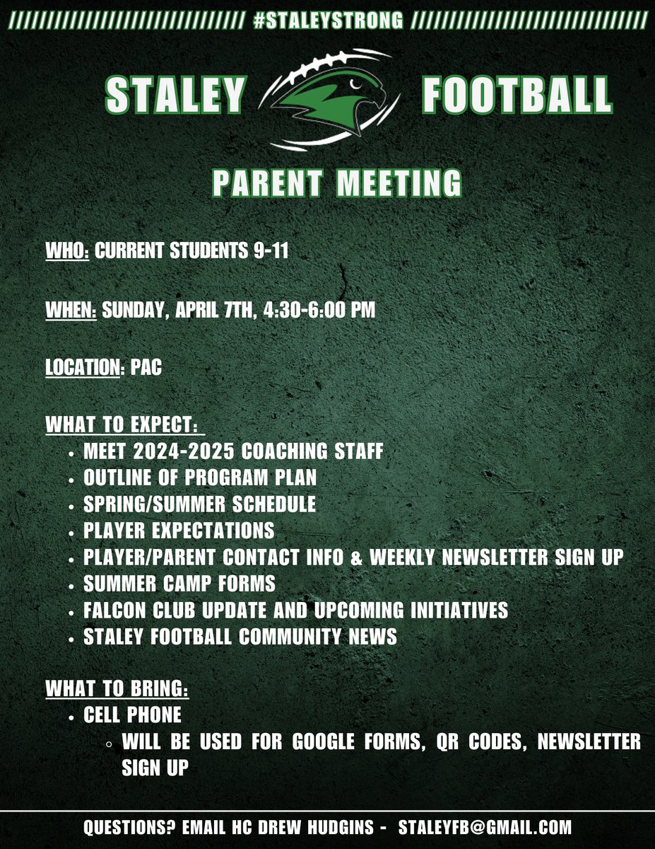 StaleyFootball's tweet photo. Upcoming Parent Meeting information for current high school parents on April 7th, and incoming freshman parents on April 10th. https://t.co/WeHwnxLYPc
