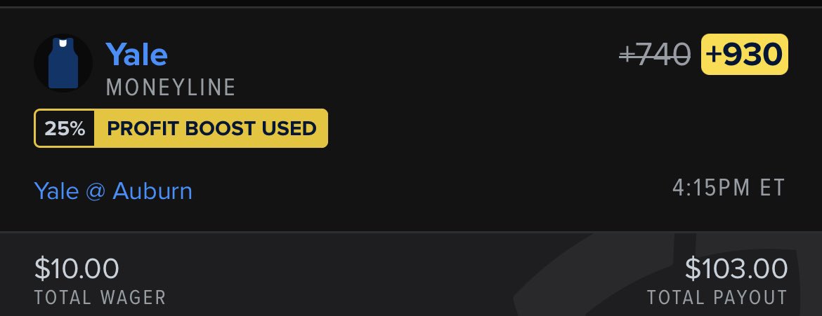 TonyParlay's tweet image. My 2 favorite double digit underdogs today. 

🏀 Yale ML - +930
🏀 Colgate ML - +733

Had to use this boost on Yale, them winning today would break so many brackets. 

Got Oakland ML yesterday at +567. 

#MarchMadness2024 #sportsbetting #upsets #MarchMadness #Yale #colgate