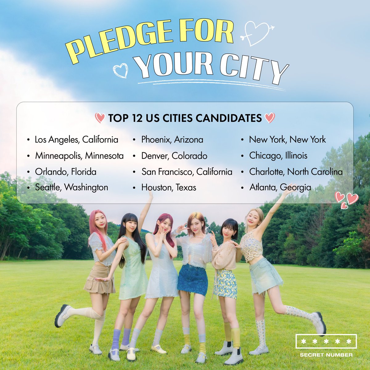 kpopshowkase's tweet photo. ✨PLEDGE FOR YOUR CITY✨

#LOCKEY Show[K]ase is proud to present the top 12 cities who will be the candidates for SECRET NUMBER'S debut tour in the US!

Please read each post carefully as we explain how to pledge for your city!

#ShowKase #KPOP_ShowKase #SECRET_NUMBER #시크릿넘버 https://t.co/GCsHbPAOoT