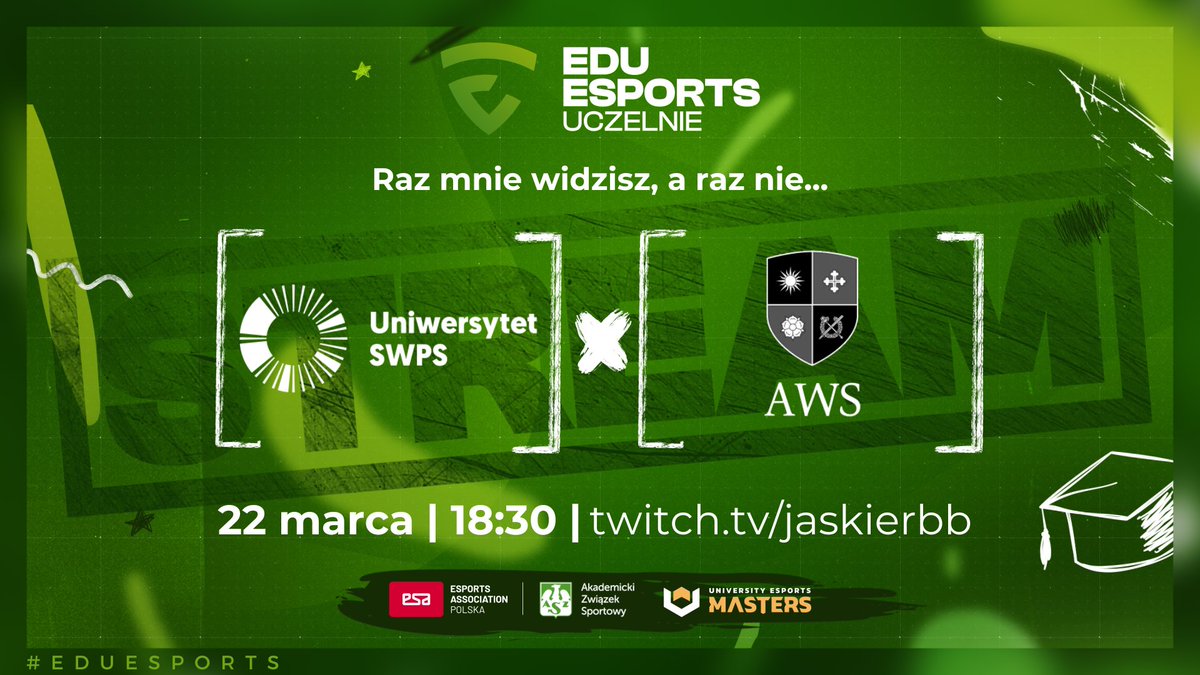 Wyluzujmy się, wbijmy na streamka, obejrzyjmy mecz, a później... możecie dać znać w komentarzu co planujecie! 👀 🕘 18:30 ⚔️ @SWPSUniversity vs @AWS_Akademia 📺 twitch.tv/jaskierbb 🎙 Jaskierbb