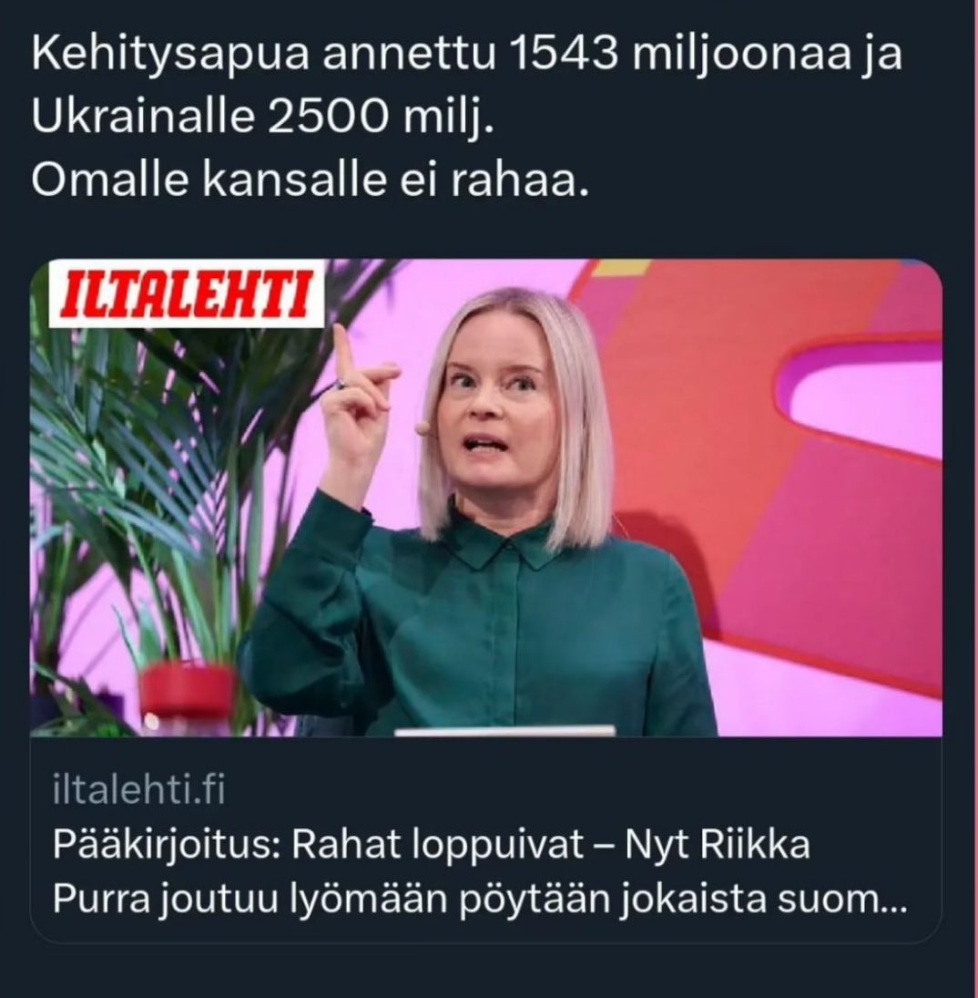 Kansallismielinen meininki!

➕Seuraavaksi ryöstetään metsät&pohjavedet #rikollisjärjestöEU:n käsiin?

➕Suoraan #KlaussinHuoraHaaremi:n käsikirjoituksesta: 📈

➕”Purra on luvannut, että kk:n päästä pidettävässä kehysriihessä luvassa on lisäleikkausten lisäksi veronkorotuksia.”