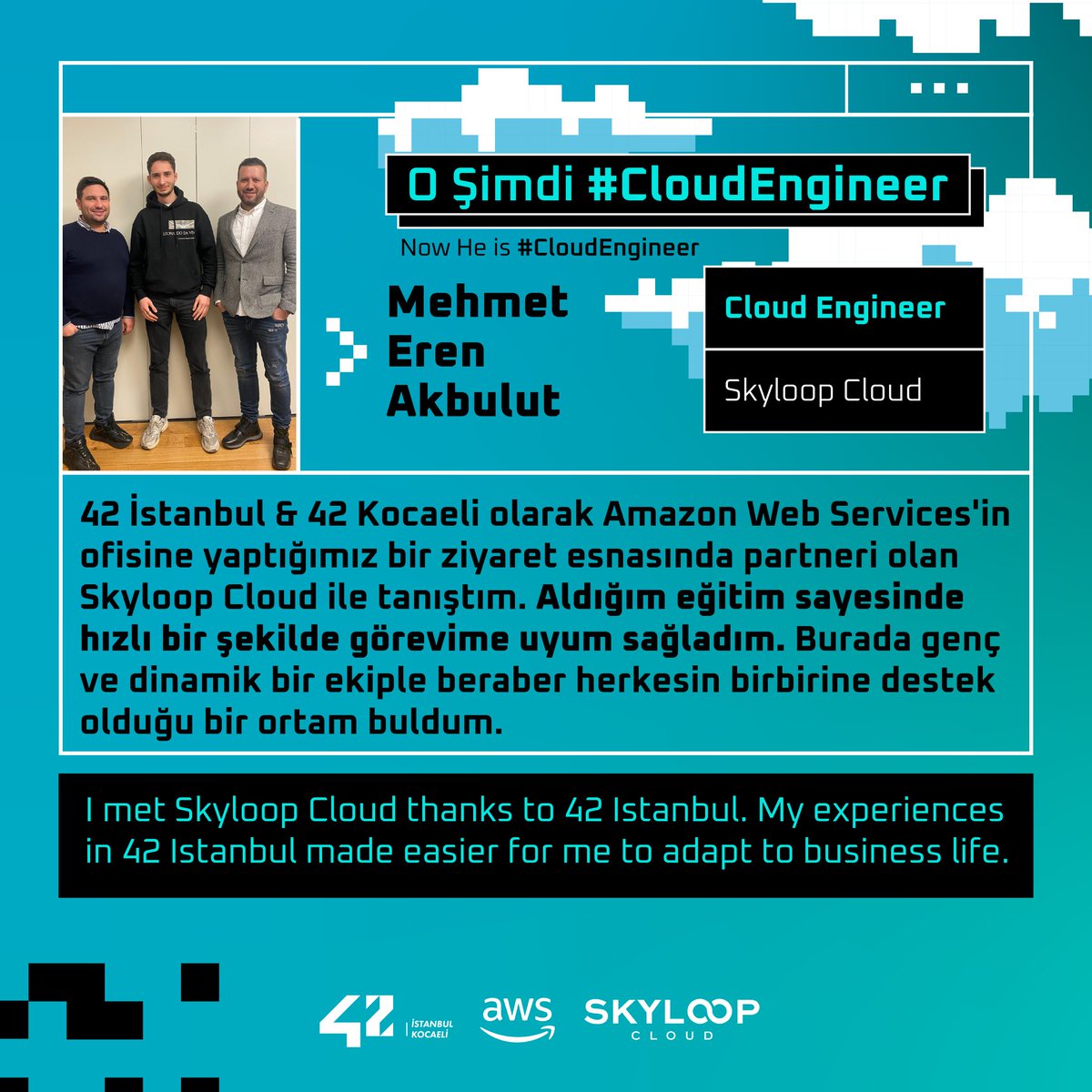 Henüz üniversiteye başlamadan bizimle tanıştı, şimdi ise Bulut Mühendisi oldu 💻 Üyelerimizden Amazon Web Service'in partneri Skyloop Cloud'ta çalışmaya başlayan 42 İstanbul öğrencimiz Mehmet Eren Akbulut'un serüvenini paylaşıyoruz 💫 Sağa kaydır ve bu ilham verici hikayeye